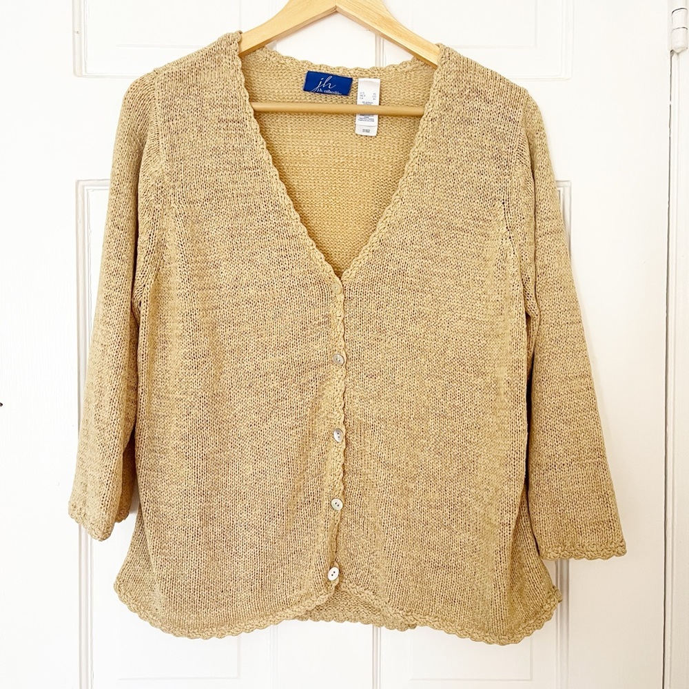 Vintage Beige Yellow Cardigan Sweater by JH Collectibles Women's X-Large V-Neck